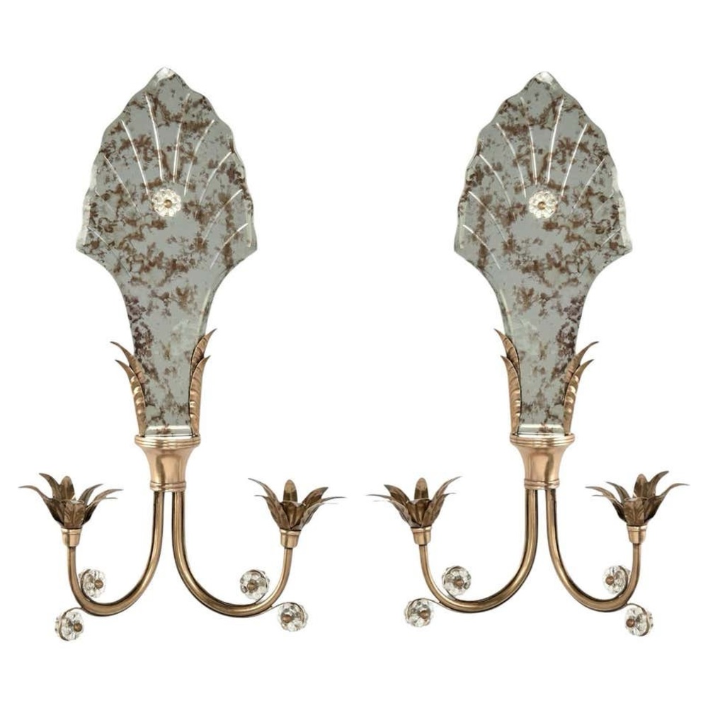 Pair Vintage Global Views Mirrored Brass Wall Sconce Hollywood Regency Italian